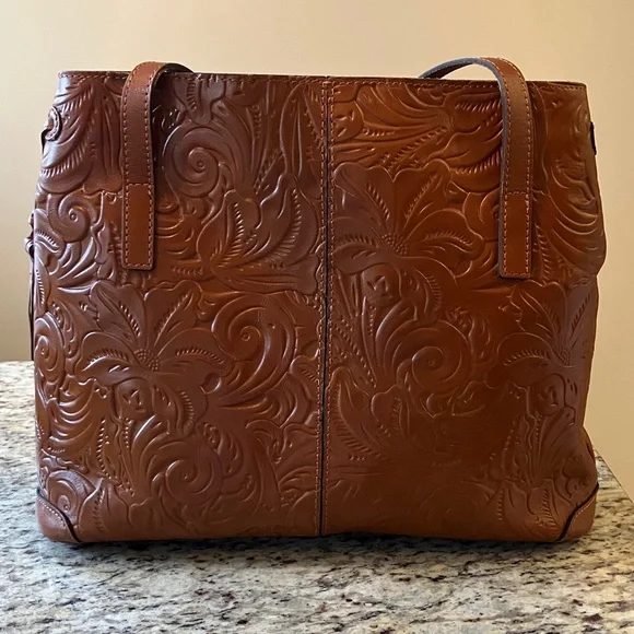 Patricia Nash Embossed Leather Large Tote Brown Tooled Floral Suede Shoulder Bag - Picture 1 of 17